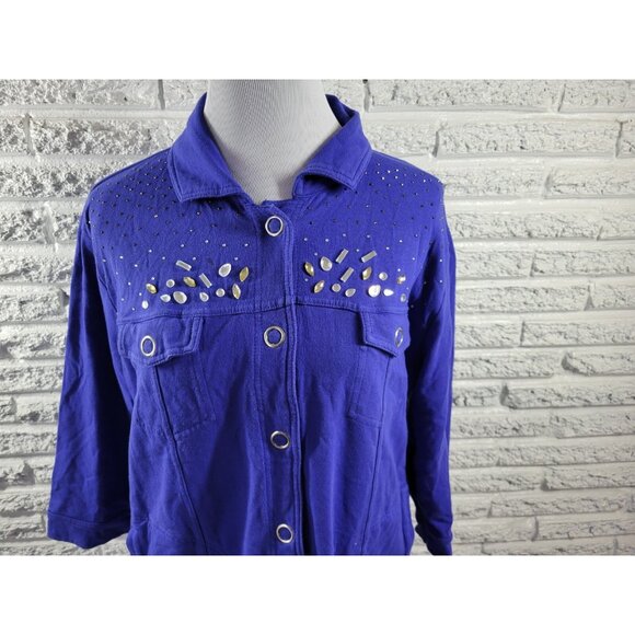 Onque Casual Womens Top 1X Plus Shirt Shacket Large Snaps Rhinestones BLU39E - Picture 3 of 10